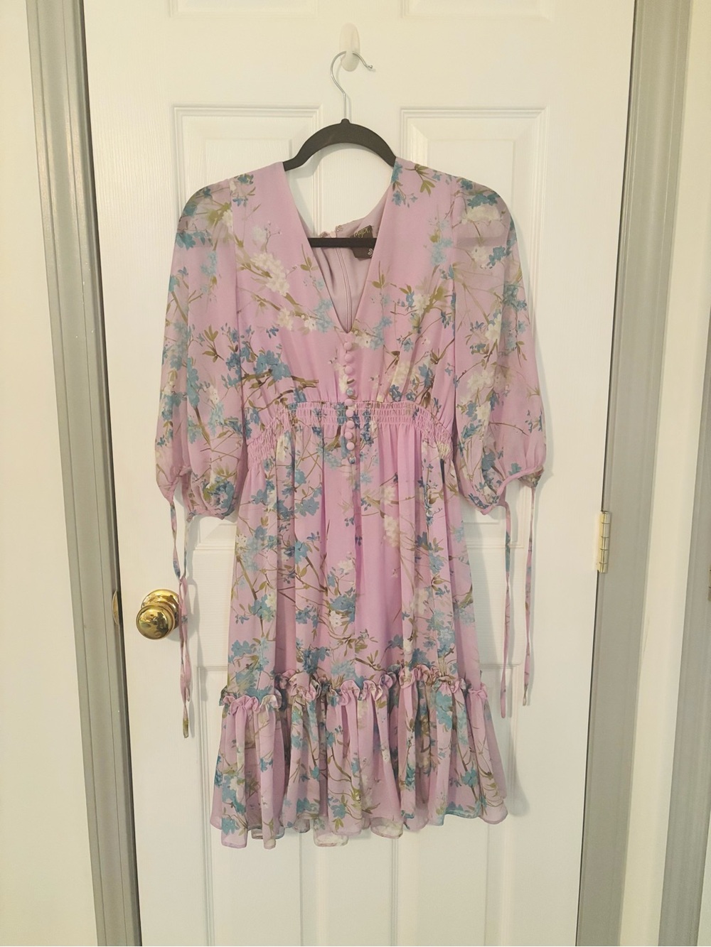 Taylor Lavender Floral V-Neck Ruffle Hem Dress